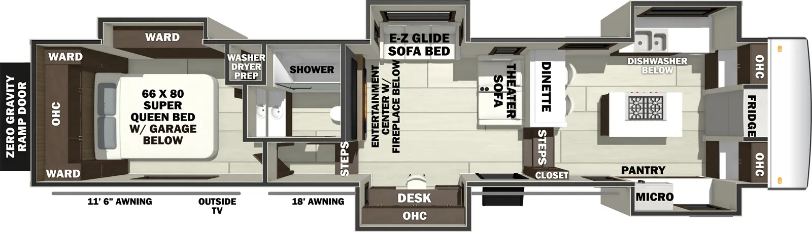 The RIVERSTONE 42FSKG floorplan is a toy hauler that has one entry and five slide outs. Exterior features include: fiberglass exterior, 18' & 11'6" awning and  outside entertainment. Interiors features include: front kitchen, kitchen island and rear bedroom.